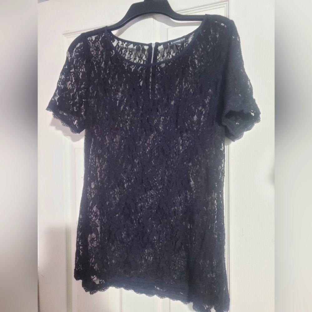Express Black Floral Lace High Low Short Sleeve Blouse sz L
